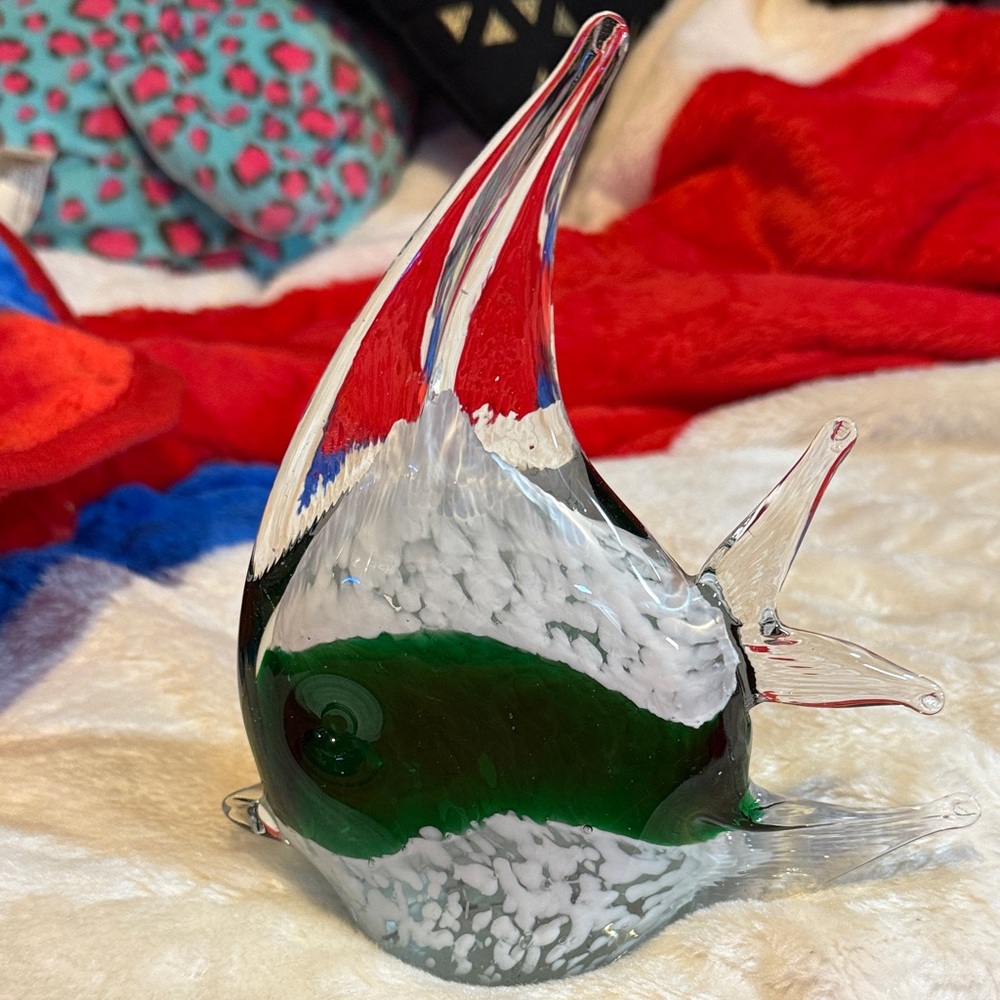 Handcrafted Glass Fish Figurine - Green, Red, and White